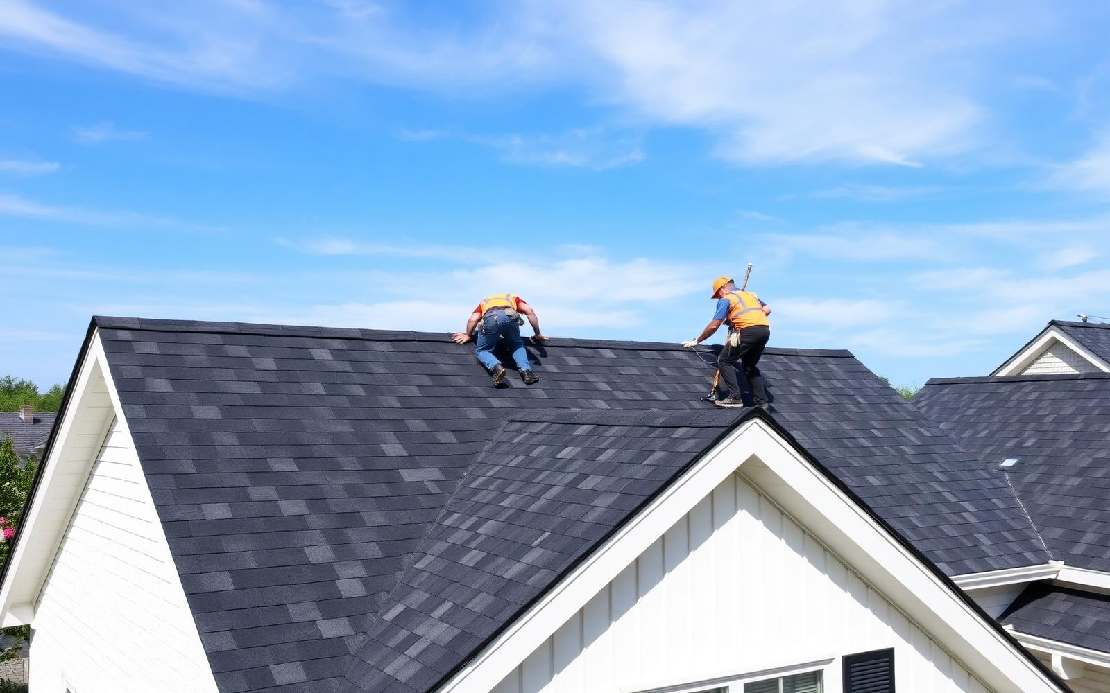 Roofing crew installing dark shingles, used for the Northline Roofing concept